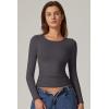 QINSEN Womens Crewneck Long Sleeve Shirt Double Lined Basic Tees Side Ruched Going Out Crop Tops(Dark Grey)