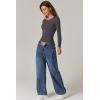 QINSEN Womens Crewneck Long Sleeve Shirt Double Lined Basic Tees Side Ruched Going Out Crop Tops(Dark Grey)