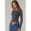 QINSEN Womens Crewneck Long Sleeve Shirt Double Lined Basic Tees Side Ruched Going Out Crop Tops(Dark Grey)
