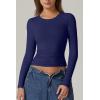 QINSEN Womens Crewneck Long Sleeve Shirt Double Lined Basic Tees Side Ruched Going Out Crop Tops(Estate Blue)