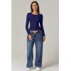 QINSEN Womens Crewneck Long Sleeve Shirt Double Lined Basic Tees Side Ruched Going Out Crop Tops(Estate Blue)
