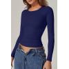 QINSEN Womens Crewneck Long Sleeve Shirt Double Lined Basic Tees Side Ruched Going Out Crop Tops(Estate Blue)