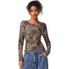 QINSEN Womens Crewneck Long Sleeve Shirt Double Lined Basic Tees Side Ruched Going Out Crop Tops(Leopard)