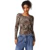 QINSEN Womens Crewneck Long Sleeve Shirt Double Lined Basic Tees Side Ruched Going Out Crop Tops(Leopard)