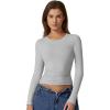 QINSEN Womens Crewneck Long Sleeve Shirt Double Lined Basic Tees Side Ruched Going Out Crop Tops(Light Grey)