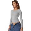 QINSEN Womens Crewneck Long Sleeve Shirt Double Lined Basic Tees Side Ruched Going Out Crop Tops(Light Grey)