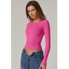 QINSEN Womens Crewneck Long Sleeve Shirt Double Lined Basic Tees Side Ruched Going Out Crop Tops(Magenta)