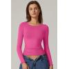QINSEN Womens Crewneck Long Sleeve Shirt Double Lined Basic Tees Side Ruched Going Out Crop Tops(Magenta)