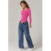 QINSEN Womens Crewneck Long Sleeve Shirt Double Lined Basic Tees Side Ruched Going Out Crop Tops(Magenta)