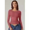 QINSEN Womens Crewneck Long Sleeve Shirt Double Lined Basic Tees Side Ruched Going Out Crop Tops(Merlot)