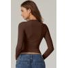 QINSEN Womens Crewneck Long Sleeve Shirt Double Lined Basic Tees Side Ruched Going Out Crop Tops(Mocha)