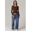 QINSEN Womens Crewneck Long Sleeve Shirt Double Lined Basic Tees Side Ruched Going Out Crop Tops(Mocha)