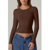 QINSEN Womens Crewneck Long Sleeve Shirt Double Lined Basic Tees Side Ruched Going Out Crop Tops(Mocha)