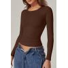 QINSEN Womens Crewneck Long Sleeve Shirt Double Lined Basic Tees Side Ruched Going Out Crop Tops(Mocha)