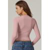 QINSEN Womens Crewneck Long Sleeve Shirt Double Lined Basic Tees Side Ruched Going Out Crop Tops(Pink)