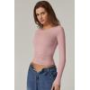 QINSEN Womens Crewneck Long Sleeve Shirt Double Lined Basic Tees Side Ruched Going Out Crop Tops(Pink)