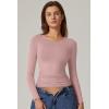 QINSEN Womens Crewneck Long Sleeve Shirt Double Lined Basic Tees Side Ruched Going Out Crop Tops(Pink)