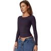 QINSEN Womens Crewneck Long Sleeve Shirt Double Lined Basic Tees Side Ruched Going Out Crop Tops(Prune Purple)