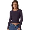 QINSEN Womens Crewneck Long Sleeve Shirt Double Lined Basic Tees Side Ruched Going Out Crop Tops(Prune Purple)