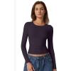 QINSEN Womens Crewneck Long Sleeve Shirt Double Lined Basic Tees Side Ruched Going Out Crop Tops(Prune Purple)
