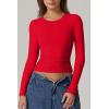 QINSEN Womens Crewneck Long Sleeve Shirt Double Lined Basic Tees Side Ruched Going Out Crop Tops(Red)