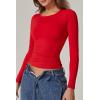 QINSEN Womens Crewneck Long Sleeve Shirt Double Lined Basic Tees Side Ruched Going Out Crop Tops(Red)