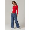 QINSEN Womens Crewneck Long Sleeve Shirt Double Lined Basic Tees Side Ruched Going Out Crop Tops(Red)