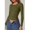 QINSEN Womens Crewneck Long Sleeve Shirt Double Lined Basic Tees Side Ruched Going Out Crop Tops(Sagebrush Green)