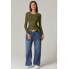 QINSEN Womens Crewneck Long Sleeve Shirt Double Lined Basic Tees Side Ruched Going Out Crop Tops(Sagebrush Green)
