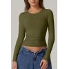 QINSEN Womens Crewneck Long Sleeve Shirt Double Lined Basic Tees Side Ruched Going Out Crop Tops(Sagebrush Green)