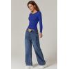 QINSEN Womens Crewneck Long Sleeve Shirt Double Lined Basic Tees Side Ruched Going Out Crop Tops(Sapphire Blue)