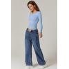 QINSEN Womens Crewneck Long Sleeve Shirt Double Lined Basic Tees Side Ruched Going Out Crop Tops(Sky Blue)