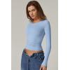 QINSEN Womens Crewneck Long Sleeve Shirt Double Lined Basic Tees Side Ruched Going Out Crop Tops(Sky Blue)