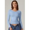 QINSEN Womens Crewneck Long Sleeve Shirt Double Lined Basic Tees Side Ruched Going Out Crop Tops(Sky Blue)