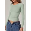 QINSEN Womens Crewneck Long Sleeve Shirt Double Lined Basic Tees Side Ruched Going Out Crop Tops(Smoke Green)