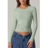 QINSEN Womens Crewneck Long Sleeve Shirt Double Lined Basic Tees Side Ruched Going Out Crop Tops(Smoke Green)