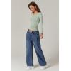QINSEN Womens Crewneck Long Sleeve Shirt Double Lined Basic Tees Side Ruched Going Out Crop Tops(Smoke Green)