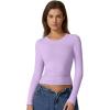 QINSEN Womens Crewneck Long Sleeve Shirt Double Lined Basic Tees Side Ruched Going Out Crop Tops(Violet)