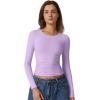 QINSEN Womens Crewneck Long Sleeve Shirt Double Lined Basic Tees Side Ruched Going Out Crop Tops(Violet)