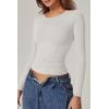 QINSEN Womens Crewneck Long Sleeve Shirt Double Lined Basic Tees Side Ruched Going Out Crop Tops(White)
