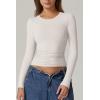 QINSEN Womens Crewneck Long Sleeve Shirt Double Lined Basic Tees Side Ruched Going Out Crop Tops(White)