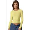 QINSEN Womens Crewneck Long Sleeve Shirt Double Lined Basic Tees Side Ruched Going Out Crop Tops(Yellow)