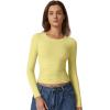 QINSEN Womens Crewneck Long Sleeve Shirt Double Lined Basic Tees Side Ruched Going Out Crop Tops(Yellow)