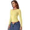 QINSEN Womens Crewneck Long Sleeve Shirt Double Lined Basic Tees Side Ruched Going Out Crop Tops(Yellow)