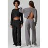 QINSEN Womens Crewneck Open Back Long Sleeve Crop Sweatsuit Elastic Waist Long Pants 2PCS Outfit Sets Loungewear(Black)