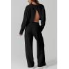 QINSEN Womens Crewneck Open Back Long Sleeve Crop Sweatsuit Elastic Waist Long Pants 2PCS Outfit Sets Loungewear(Black)