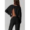 QINSEN Womens Crewneck Open Back Long Sleeve Crop Sweatsuit Elastic Waist Long Pants 2PCS Outfit Sets Loungewear(Black)