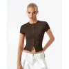 QINSEN Women’s Crewneck Short Sleeve T Shirts Ribbed Button Going Out Trendy Tops(Brown)