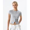 QINSEN Women’s Crewneck Short Sleeve T Shirts Ribbed Button Going Out Trendy Tops(Grey)