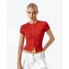 QINSEN Women’s Crewneck Short Sleeve T Shirts Ribbed Button Going Out Trendy Tops(Red)